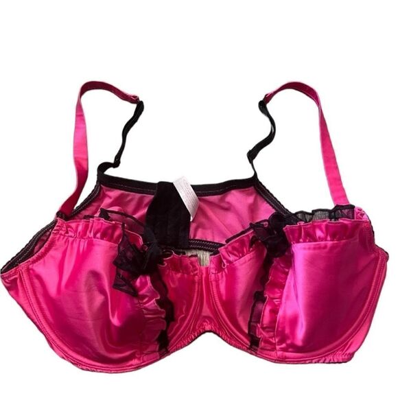 Cacique Hot Pink Satin Ruffle Frill Underwire Bra 42DD - Picture 1 of 7